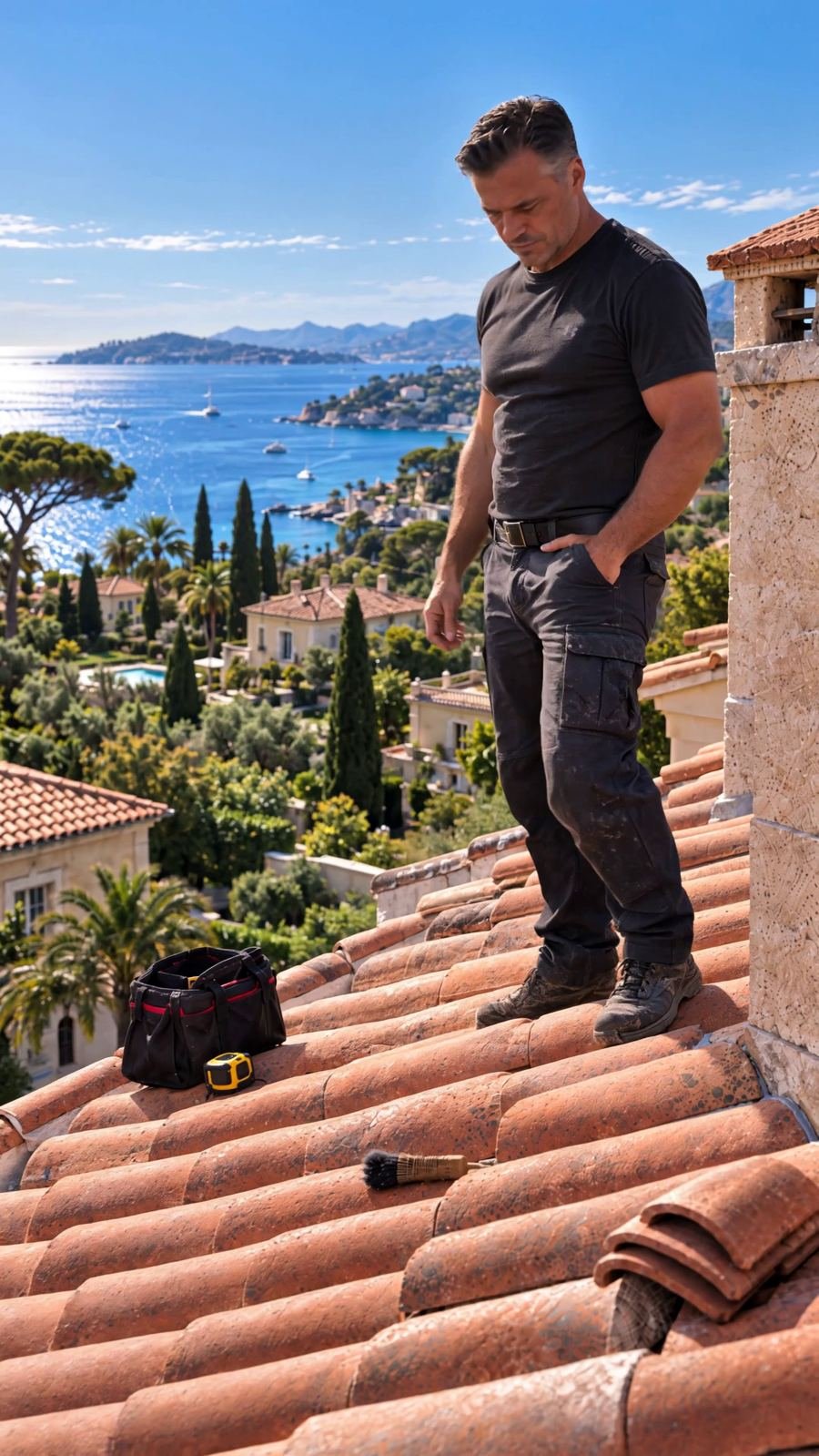 Toiture en tuiles au-dessus de la Méditerranée, sous le soleil de la Côte d'Azur